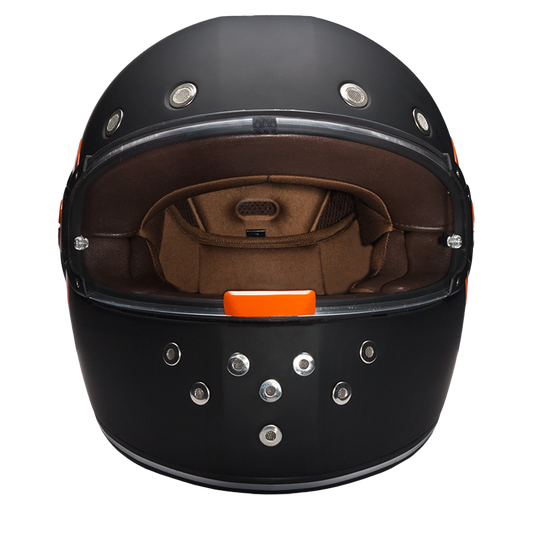 DOT & ECE Approved Daytona Retro Full Face Motorcycle Helmet: Vintage Style for Men, Women, & Youth - Dull Black W/ Orange Accents