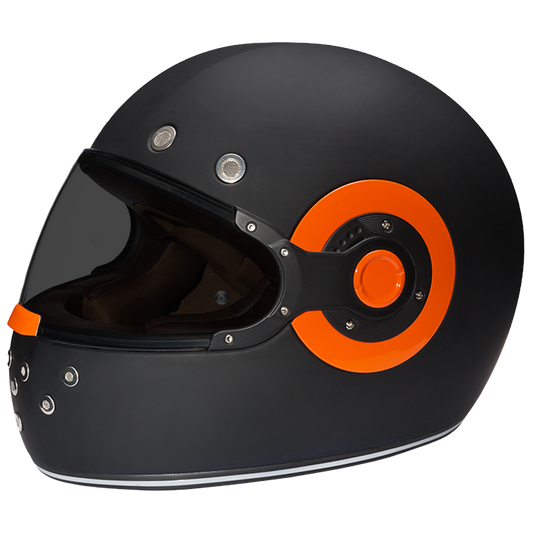 DOT & ECE Approved Daytona Retro Full Face Motorcycle Helmet: Vintage Style for Men, Women, & Youth - Dull Black W/ Orange Accents